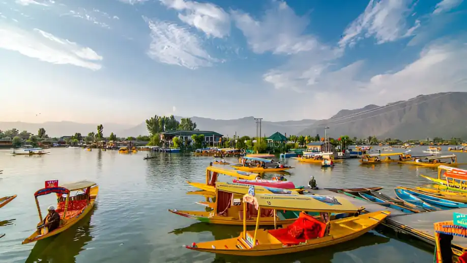 Romantic couple on a Shikara ride on Dal Lake, Kashmir, with serene waters and Himalayan views, part of Kashmir Nirvana’s Luxury Kashmir Honeymoon Package.